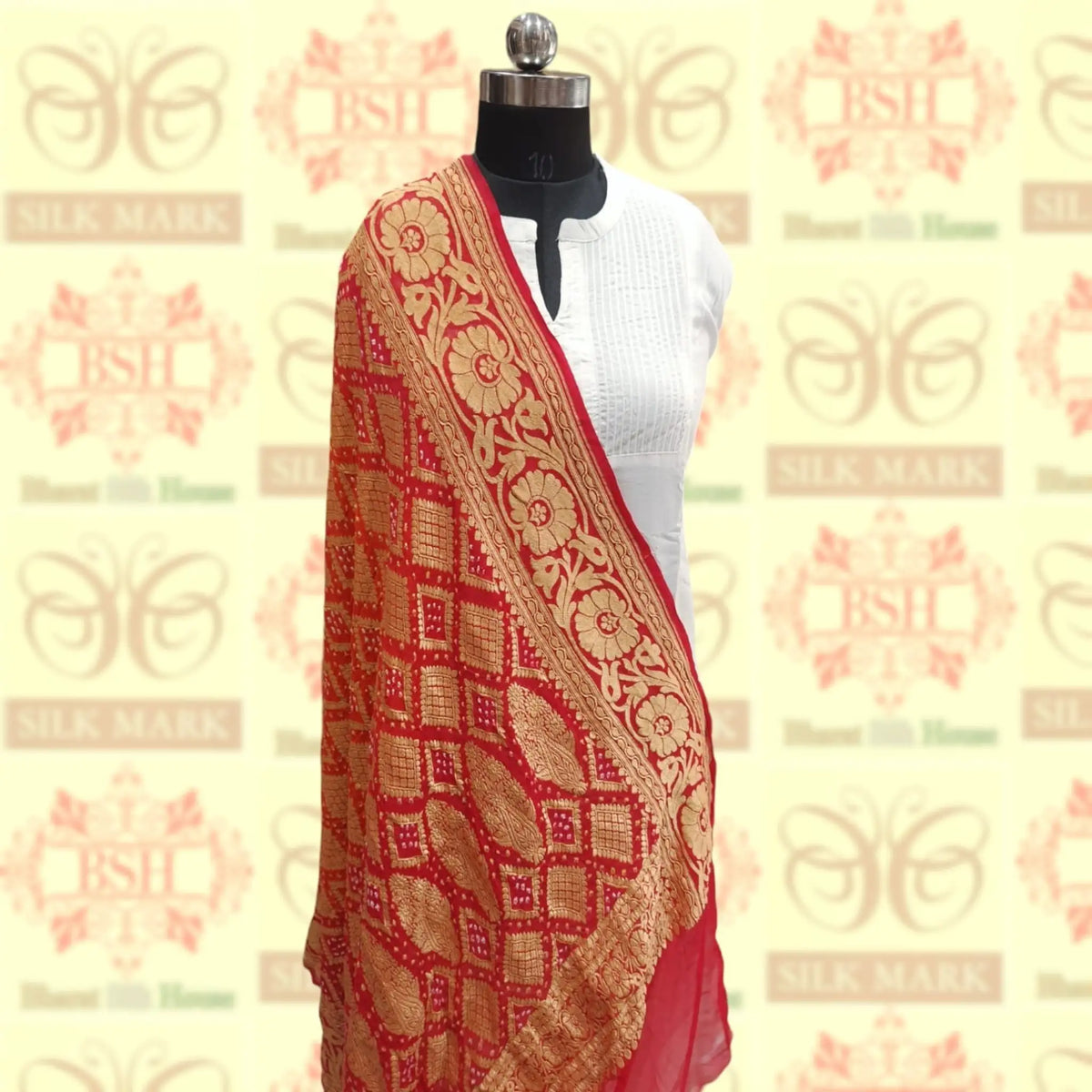 Red Georgette Banarasi Handloom Bandhani Dupatta - Bharat Silk House Bandhej