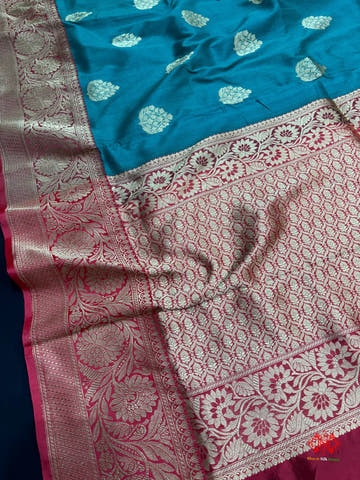 Blue Shade Pure Banarasi Tusser Moonga Silk Saree - Pure Kataan Silk -