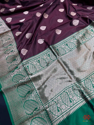 Pure Banarasi Handloom Katan Silk Antique Zari Saree In Shades Of Coffee Brown - Pure Kataan Silk -