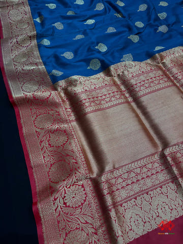 Blue Shade Pure Banarasi Tusser Moonga Silk Saree - Pure Kataan Silk -