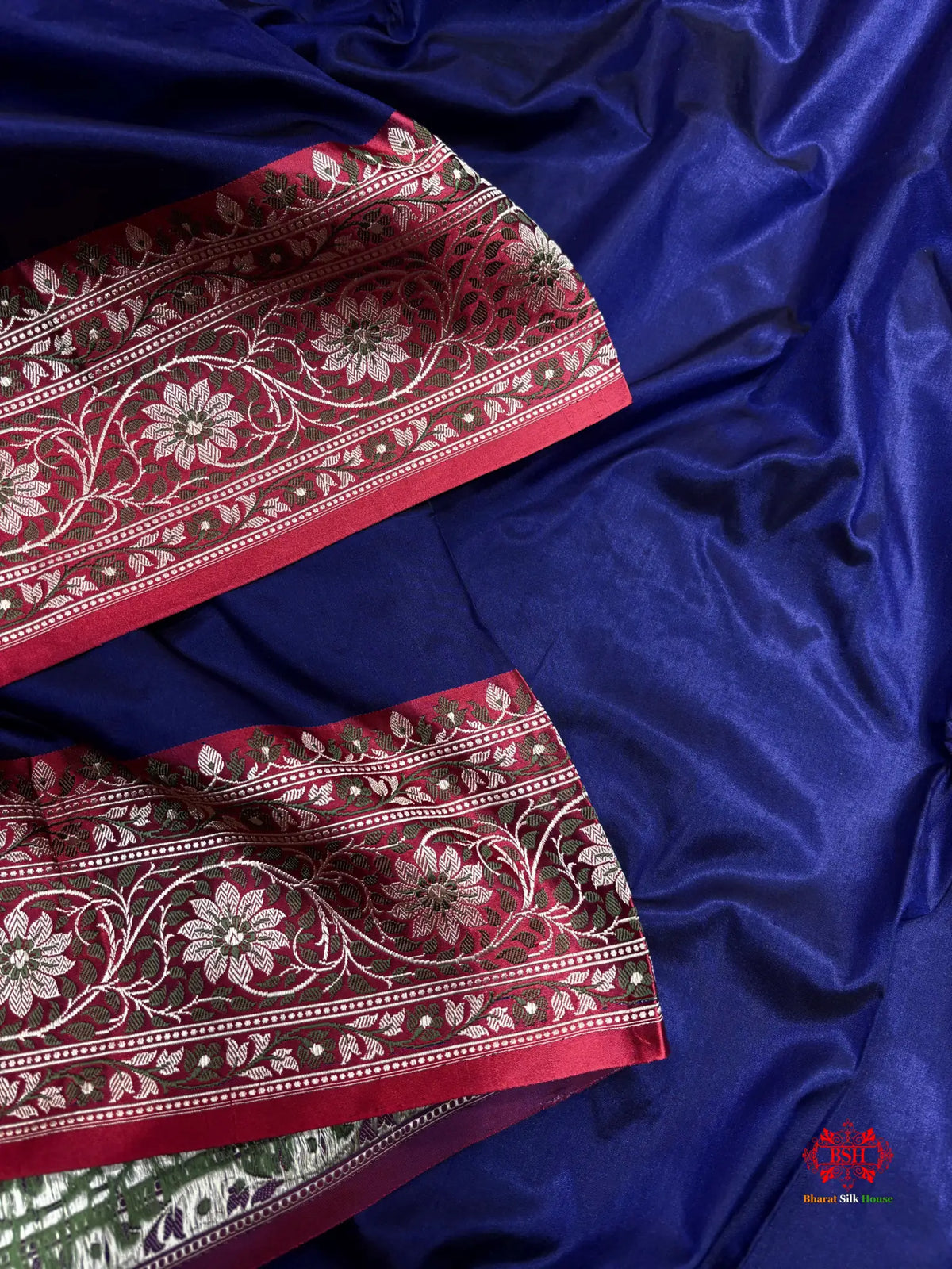 Pure Banarasi Handloom Katan Silk Reshami Zari Saree In Shades Of Navy Blue With Red Border - Pure Kataan Silk -