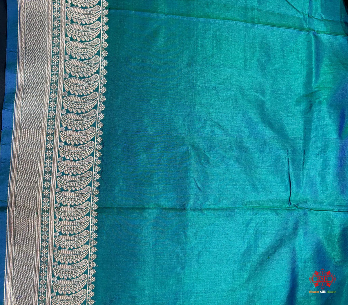Pure Banarasi Handloom Katan Silk Antique Zari Saree In Cross Shades Of Green/Blue - Pure Kataan Silk -
