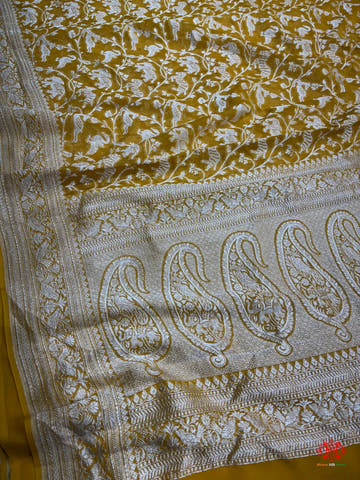 Shade Of Yellow Pure Chiffon Metallic Zari Pure Banarasi Silk Saree - Chiffon Sarees -