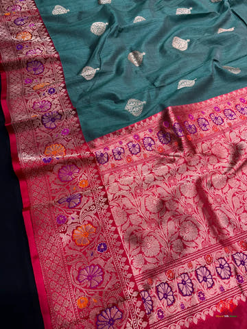 Green Shade With Meena Border Pure Banarasi Tusser Moonga Silk Saree - Pure Kataan Silk -