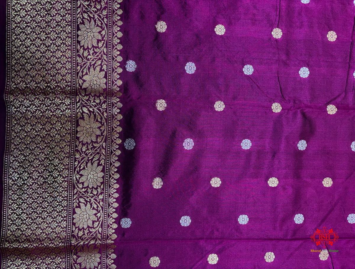 Pure Banarasi Handloom Katan Silk Antique Dual Zari Saree In Shades Of Wine - Pure Kataan Silk -