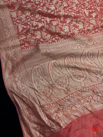Shade Of Peach Pure Chiffon Metallic Zari Pure Banarasi Silk Saree - Chiffon Sarees -
