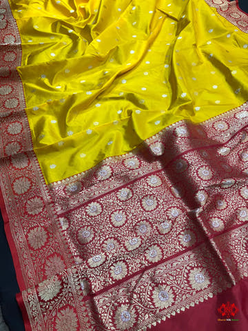 Pure Banarasi Handloom Katan Silk Antique Dual Zari Saree In Shades Of Yellow - Pure Kataan Silk -