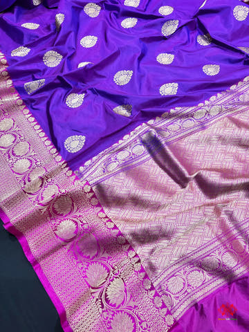 Pure Banarasi Handloom Katan Silk Antique Zari Saree In Shades Of Indigo Blue - Pure Kataan Silk -