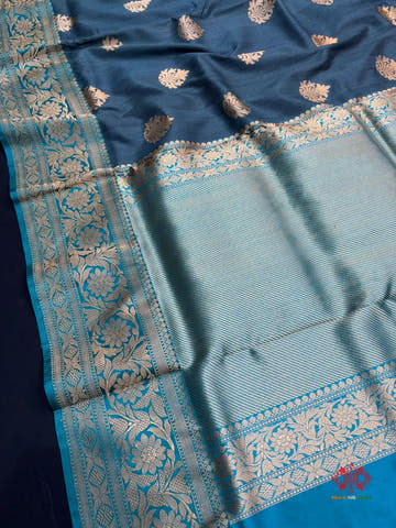 Blue Shade Pure Banarasi Tusser Moonga Silk Saree - Pure Kataan Silk -