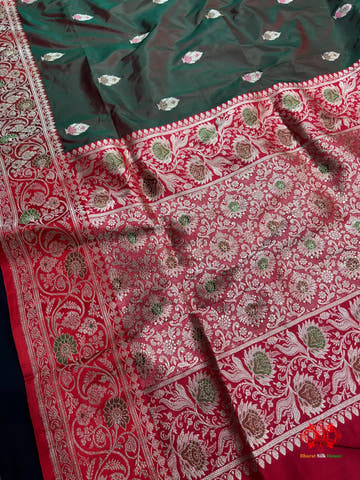 Pure Banarasi Handloom Katan Silk Antique Meena Zari Saree In Cross Shades Of Green/Red - Pure Kataan Silk -