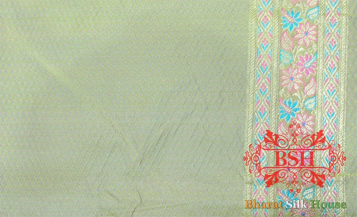 Shades Of Mint Green Dohri Resham Zari Booti Tanchoi Silk Saree - Bharat Silk House Tanchoi katan