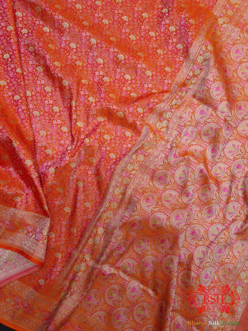 Shades Of Orange Dohri Resham Zari Booti Tanchoi Silk Saree - Bharat Silk House Tanchoi katan