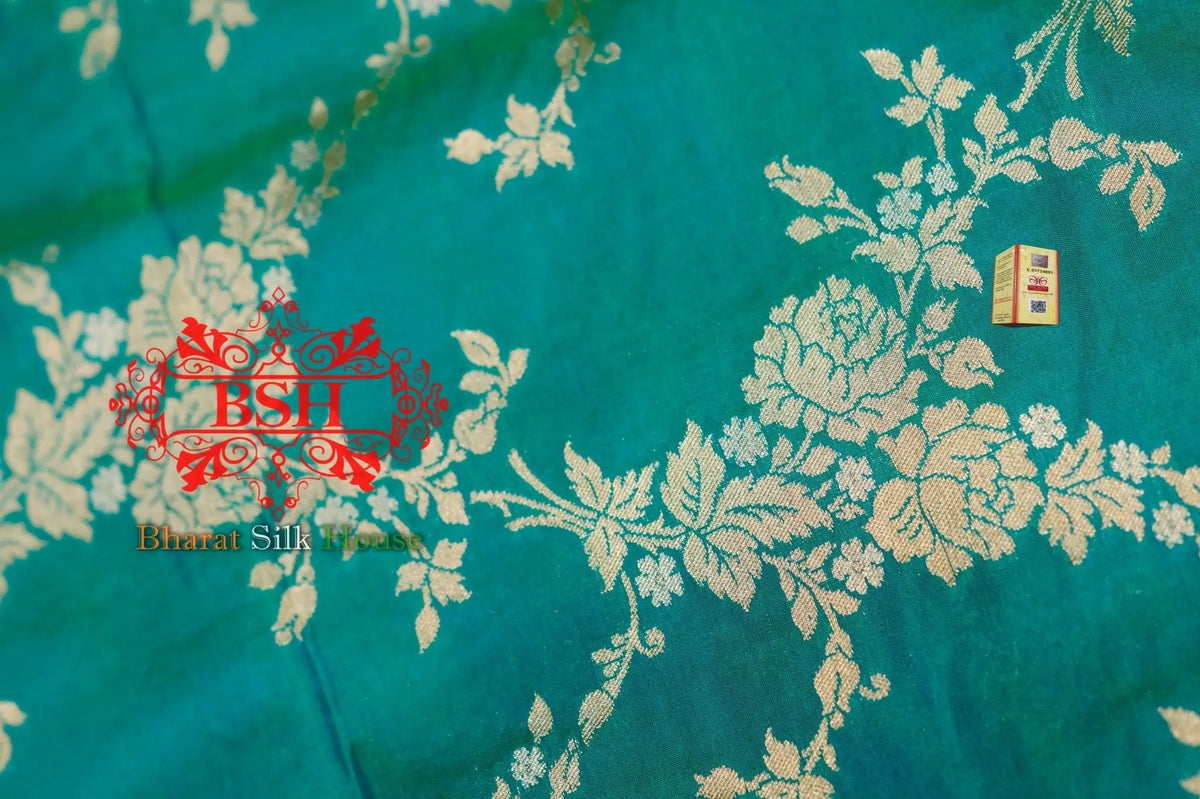 Turquoise Blue Floral Banarasi Pure Silk Kataan Sona Rupa Dupatta - Bharat Silk House Pure Silk Dupatta