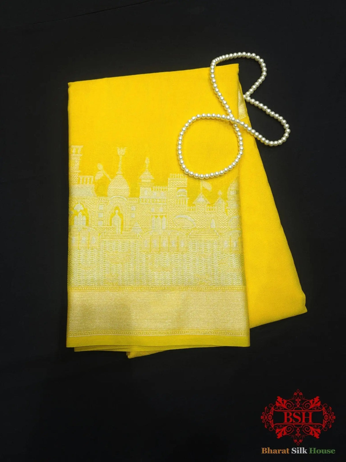 Yellow Banaras Ghats Weaved Silk Saree - Bharat Silk House Semi-Silk