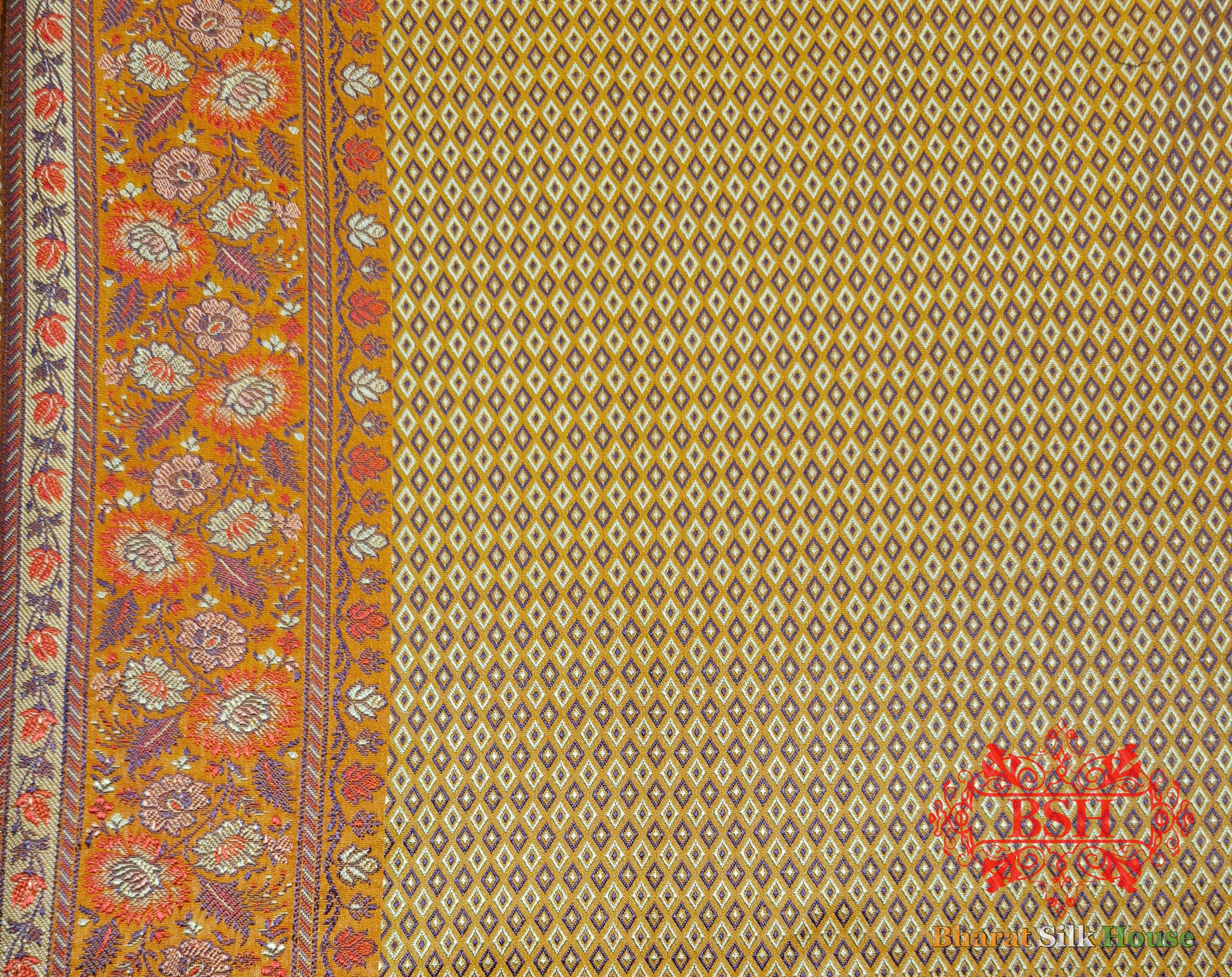 Yellow Chauthera (Four Color) Resham Zari Tanchoi Katan Silk Saree - Tanchoi katan - 