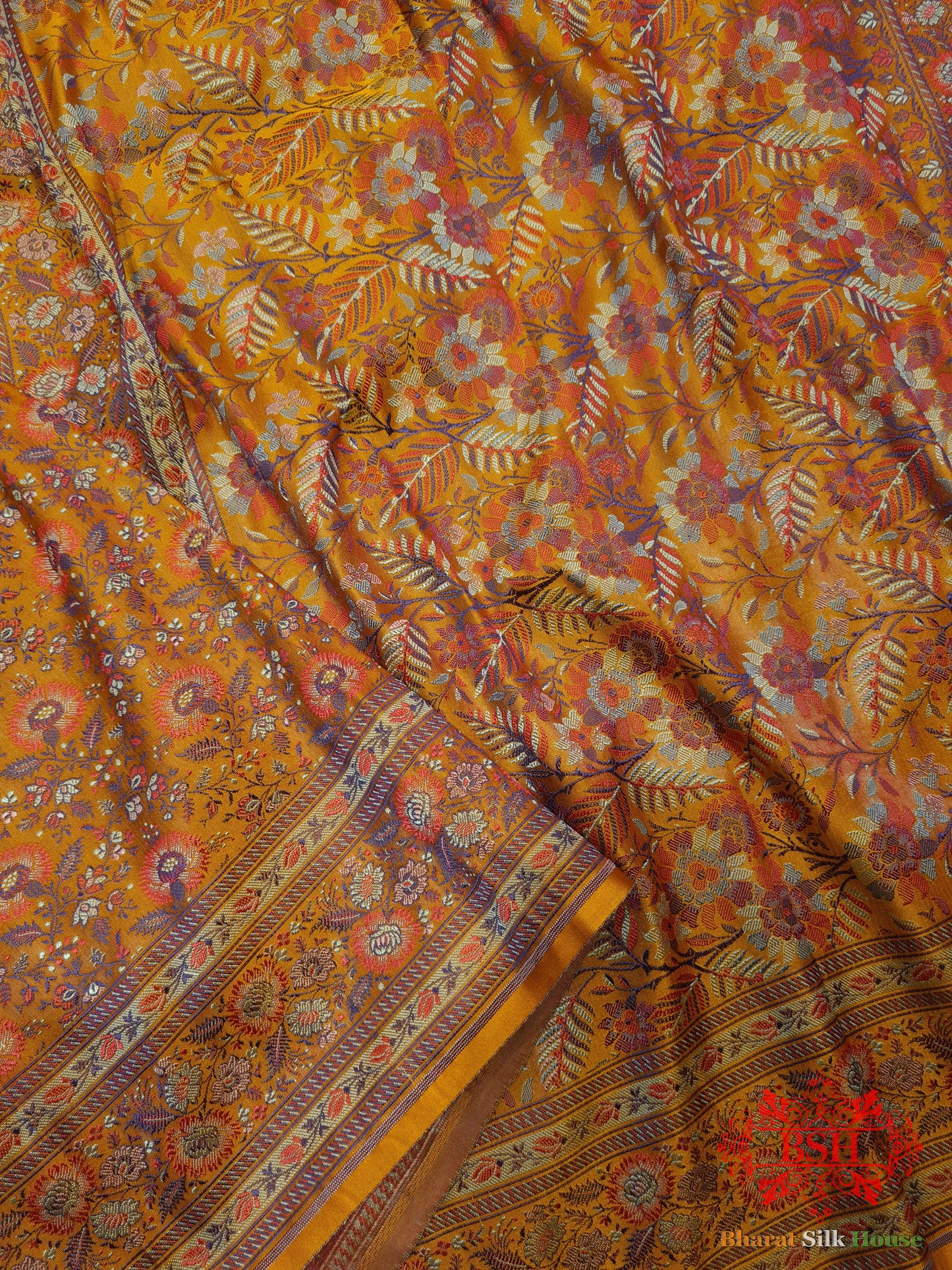 Yellow Chauthera (Four Color) Resham Zari Tanchoi Katan Silk Saree - Tanchoi katan - 