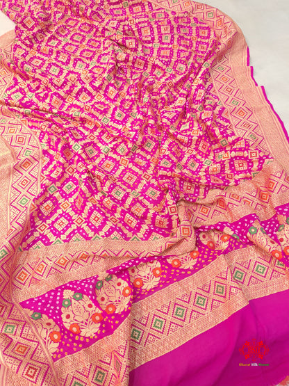 Pink Georgette Banarasi Handloom Menakari Bandhani Dupatta - Bharat Silk House