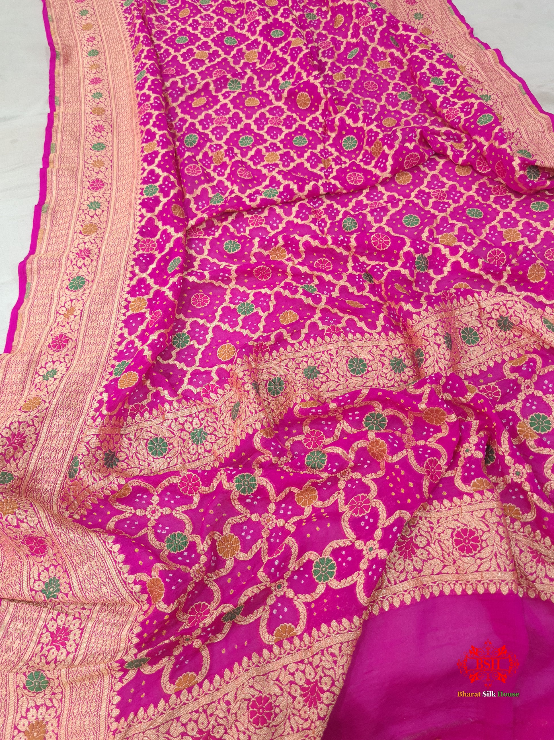 Pink Georgette Banarasi Handloom Meenakari Bandhani Dupatta - Bharat Silk House Bandhej