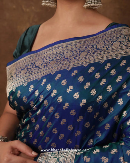 Blue/Green Cross Color Pure Katan Silk Handwoven Banarasi Saree - Bharat Silk House