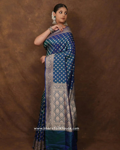Blue/Green Cross Color Pure Katan Silk Handwoven Banarasi Saree - Bharat Silk House