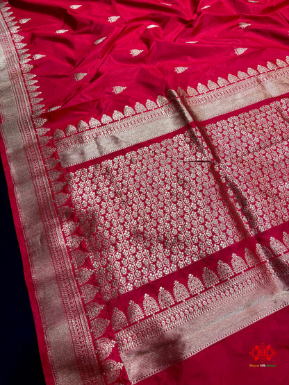 Pure Banarasi Handloom Katan Silk Antique Zari Saree In Shades Of Red - Pure Kataan Silk - 