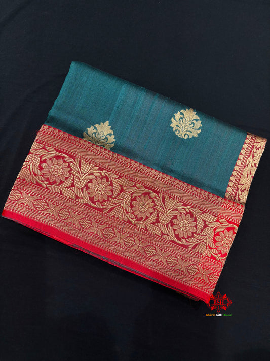 Ocean Blue Shade Pure Banarasi Tusser Moonga Silk Saree - Pure Kataan Silk - 