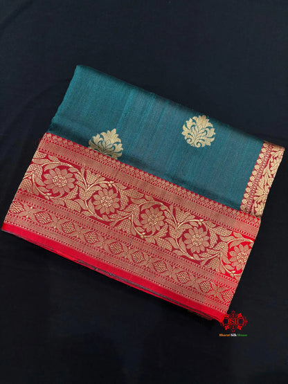 Ocean Blue Shade Pure Banarasi Tusser Moonga Silk Saree - Pure Kataan Silk -