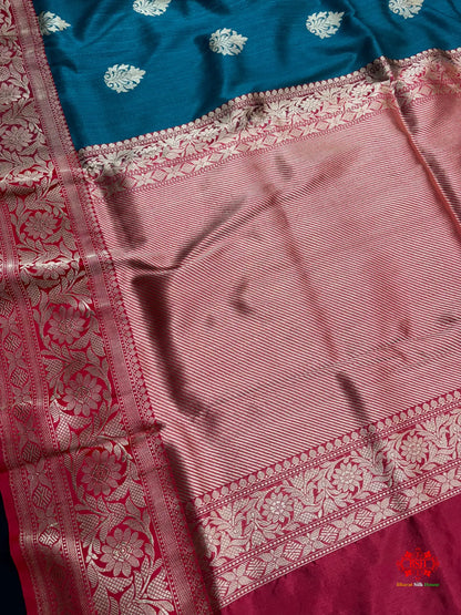 Ocean Blue Shade Pure Banarasi Tusser Moonga Silk Saree - Pure Kataan Silk -