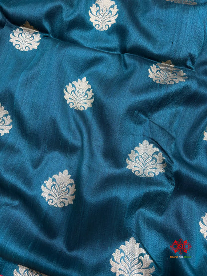 Ocean Blue Shade Pure Banarasi Tusser Moonga Silk Saree - Pure Kataan Silk -
