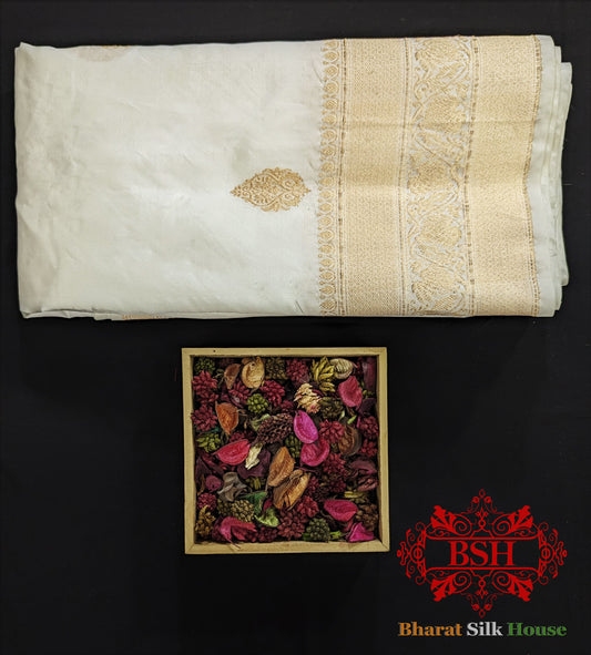 Pure Banarasi  Handloom Katan Silk Dyeable Antique Zari Saree In Shades Of White - Bharat Silk House