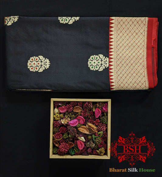 Pure Banarasi  Handloom Katan Silk  Meenakari Antique  Zari Saree In Shades Of  Black - Bharat Silk House