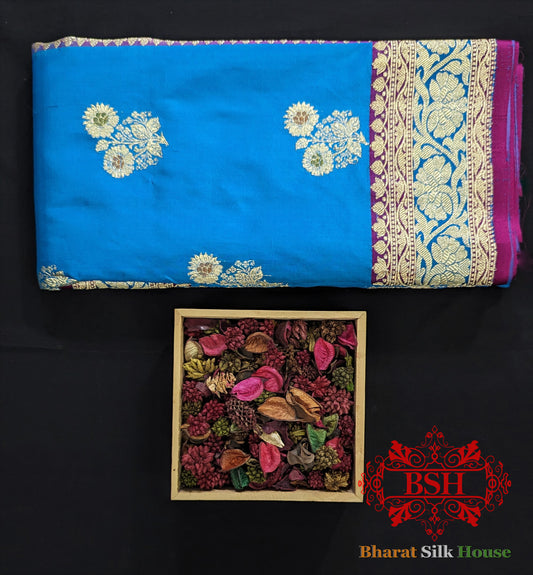 Pure Banarasi  Handloom Katan Silk  Meenakari Antique  Zari Saree In Shades Of  Firozi - Bharat Silk House