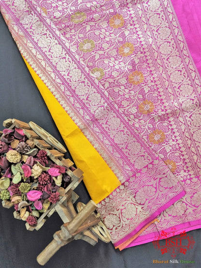 Amber Yellow Katan Silk Banarasi Handloom Saree - Bharat Silk House Pure Kataan Silk