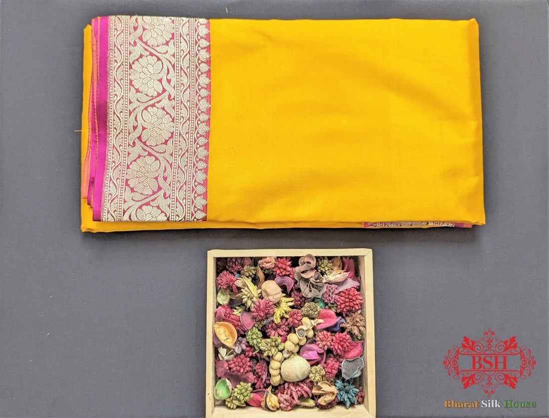 Amber Yellow Katan Silk Banarasi Handloom Saree - Bharat Silk House Pure Kataan Silk