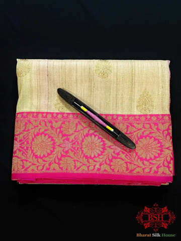 Antique White Pure Tussar Moonga Silk Handloom Saree With Zari Border - Bharat Silk House Tussar