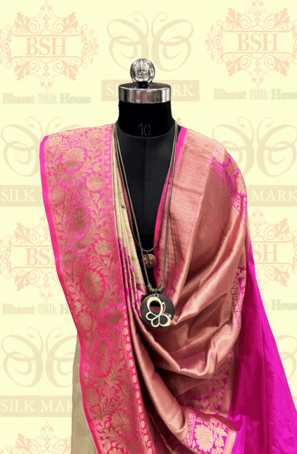 Antique White Pure Tussar Moonga Silk Handloom Saree With Zari Border - Bharat Silk House Tussar