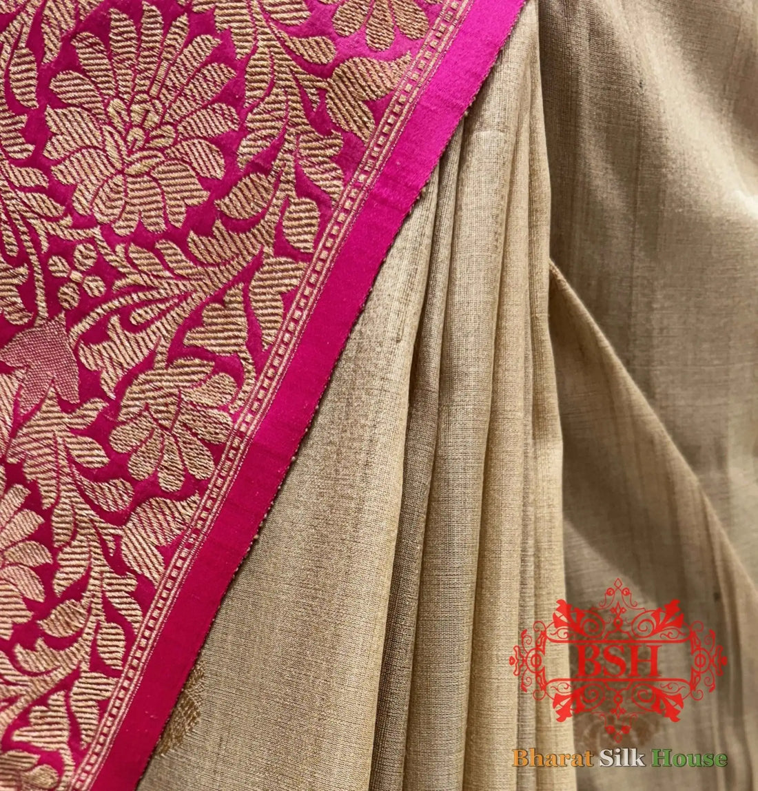 Antique White Pure Tussar Moonga Silk Handloom Saree With Zari Border - Bharat Silk House Tussar