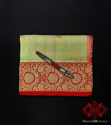 Avocado Green Pure Tussar Moonga Silk Handloom Saree With Zari Border - Bharat Silk House Tussar