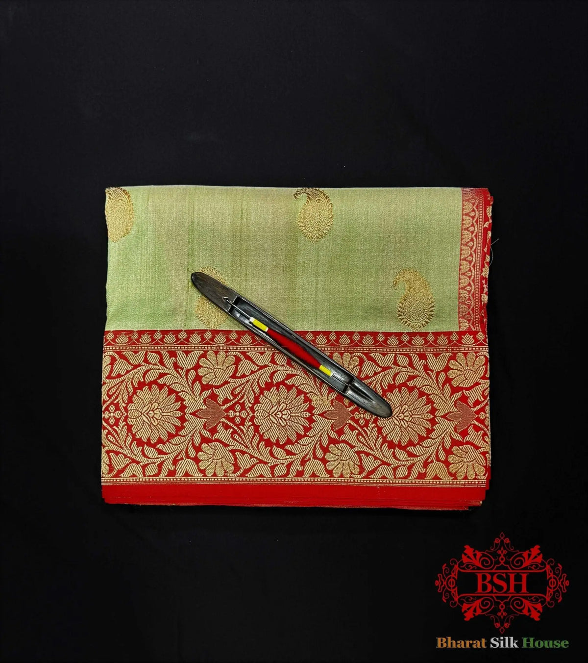 Avocado Green Pure Tussar Moonga Silk Handloom Saree With Zari Border - Bharat Silk House Tussar