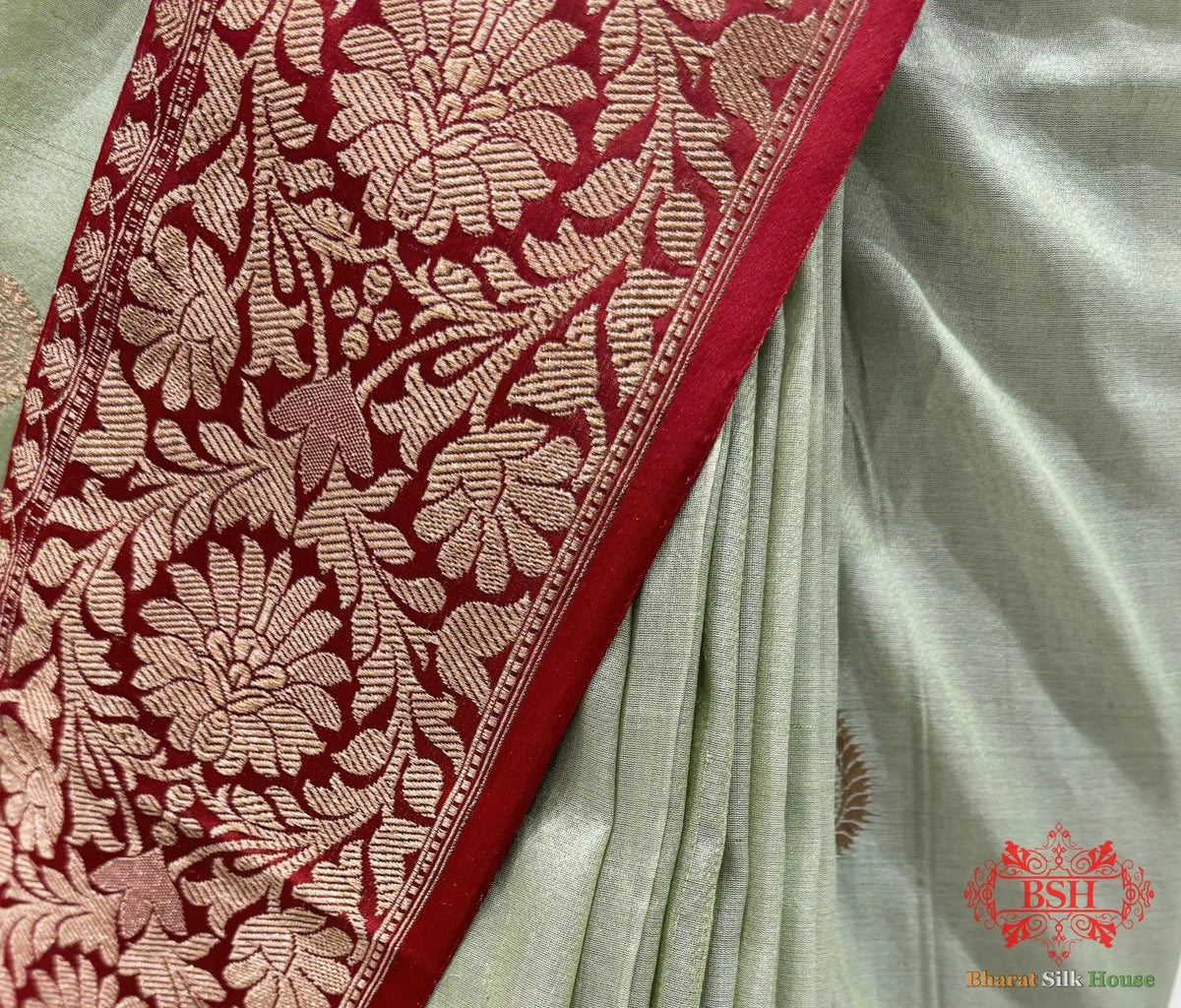 Avocado Green Pure Tussar Moonga Silk Handloom Saree With Zari Border - Bharat Silk House Tussar