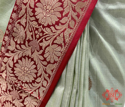 Avocado Green Pure Tussar Moonga Silk Handloom Saree With Zari Border - Bharat Silk House Tussar