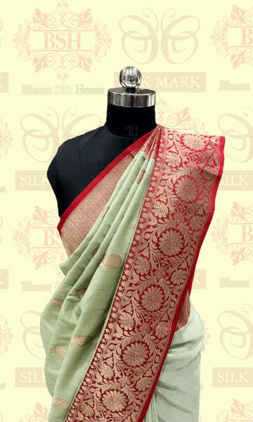 Avocado Green Pure Tussar Moonga Silk Handloom Saree With Zari Border - Bharat Silk House Tussar