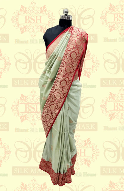 Avocado Green Pure Tussar Moonga Silk Handloom Saree With Zari Border - Bharat Silk House Tussar