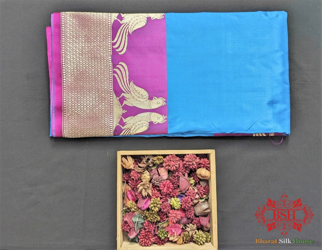 Azure Blue Pure Katan Silk Banarasi Handloom Saree - Bharat Silk House Pure Kataan Silk
