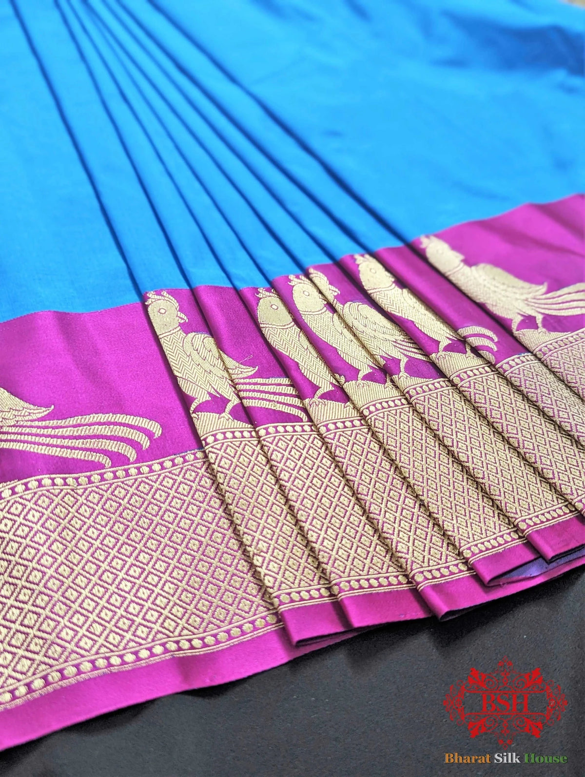 Azure Blue Pure Katan Silk Banarasi Handloom Saree - Bharat Silk House Pure Kataan Silk