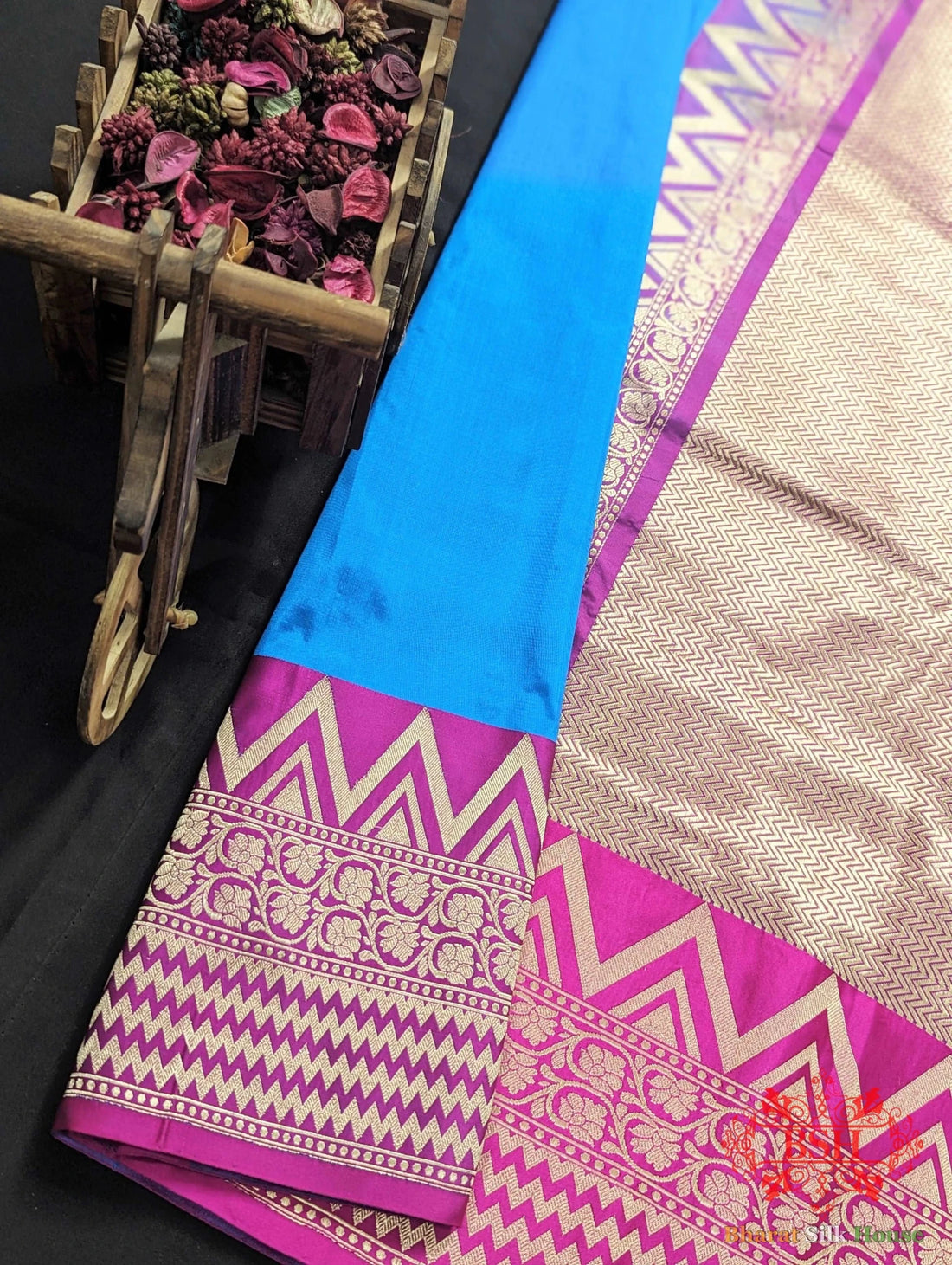 Azure Blue Shades Pure Katan Silk Banarasi Handloom Saree - Bharat Silk House Pure Kataan Silk
