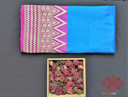 Azure Blue Shades Pure Katan Silk Banarasi Handloom Saree - Bharat Silk House Pure Kataan Silk
