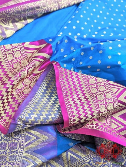 Azure Blue Shades Pure Katan Silk Banarasi Handloom Saree - Bharat Silk House Pure Kataan Silk