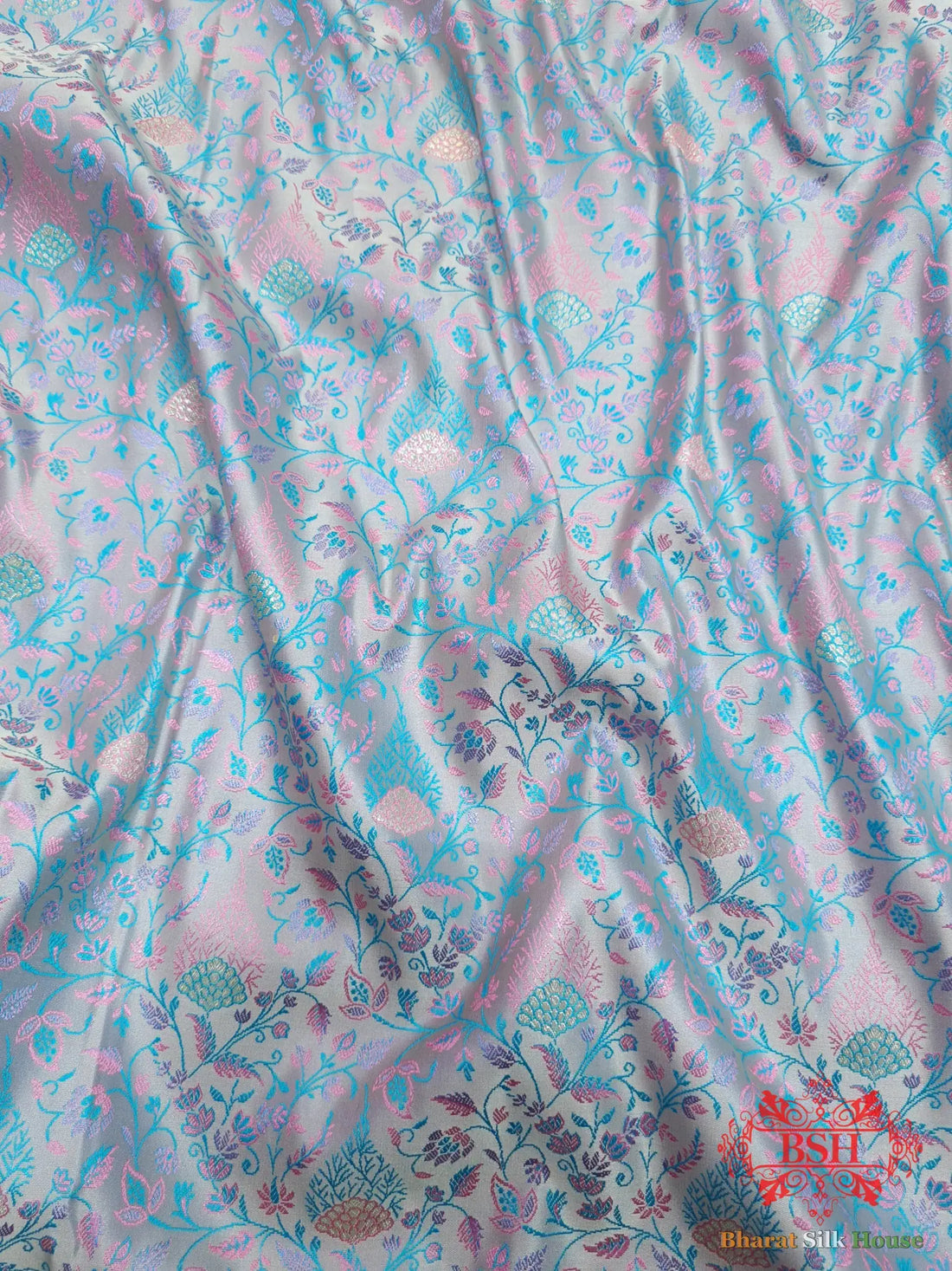 Baby Blue Dohri Resham Zari Booti Tanchoi Silk Saree - Bharat Silk House Tanchoi katan