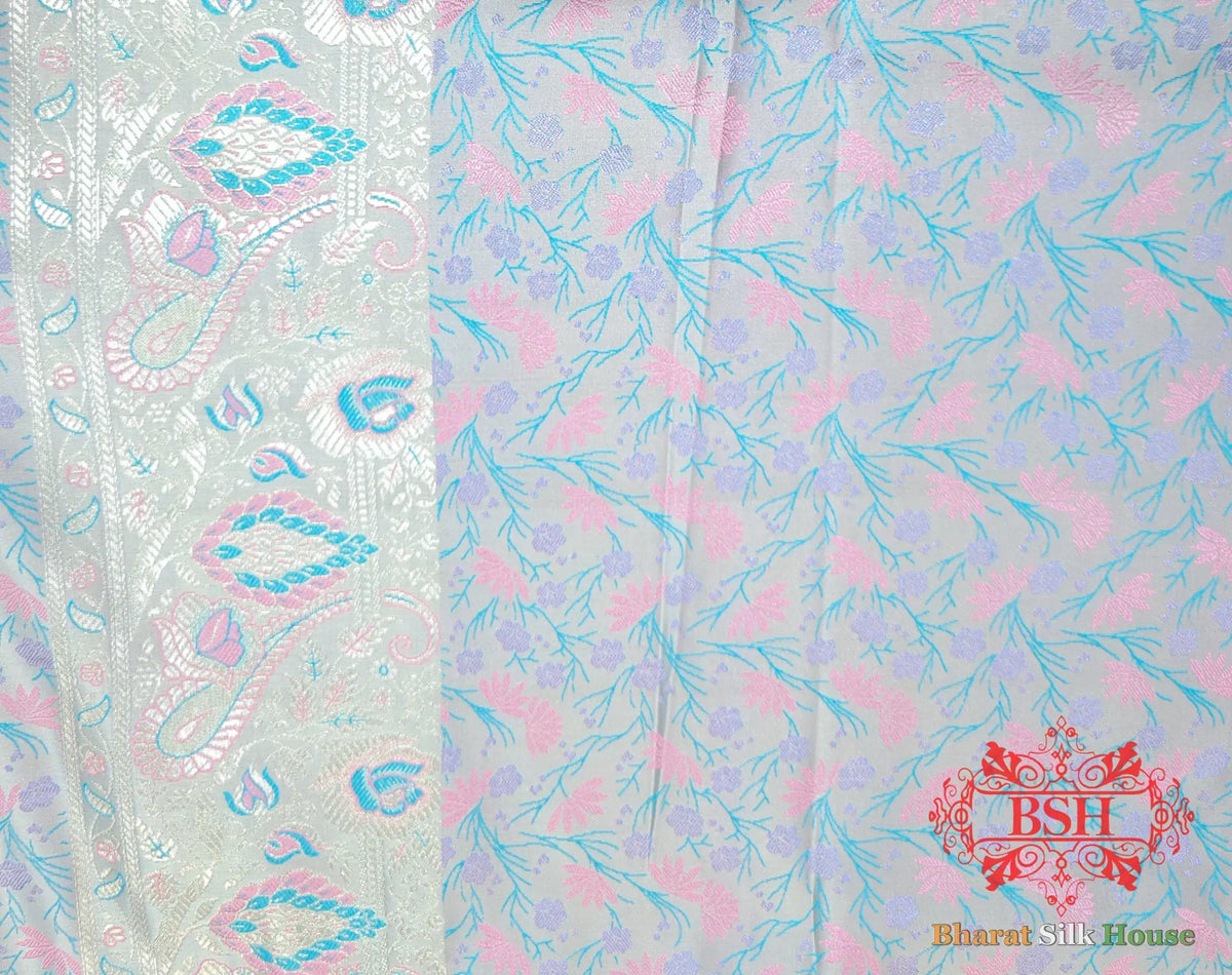 Baby Blue Dohri Resham Zari Booti Tanchoi Silk Saree - Bharat Silk House Tanchoi katan